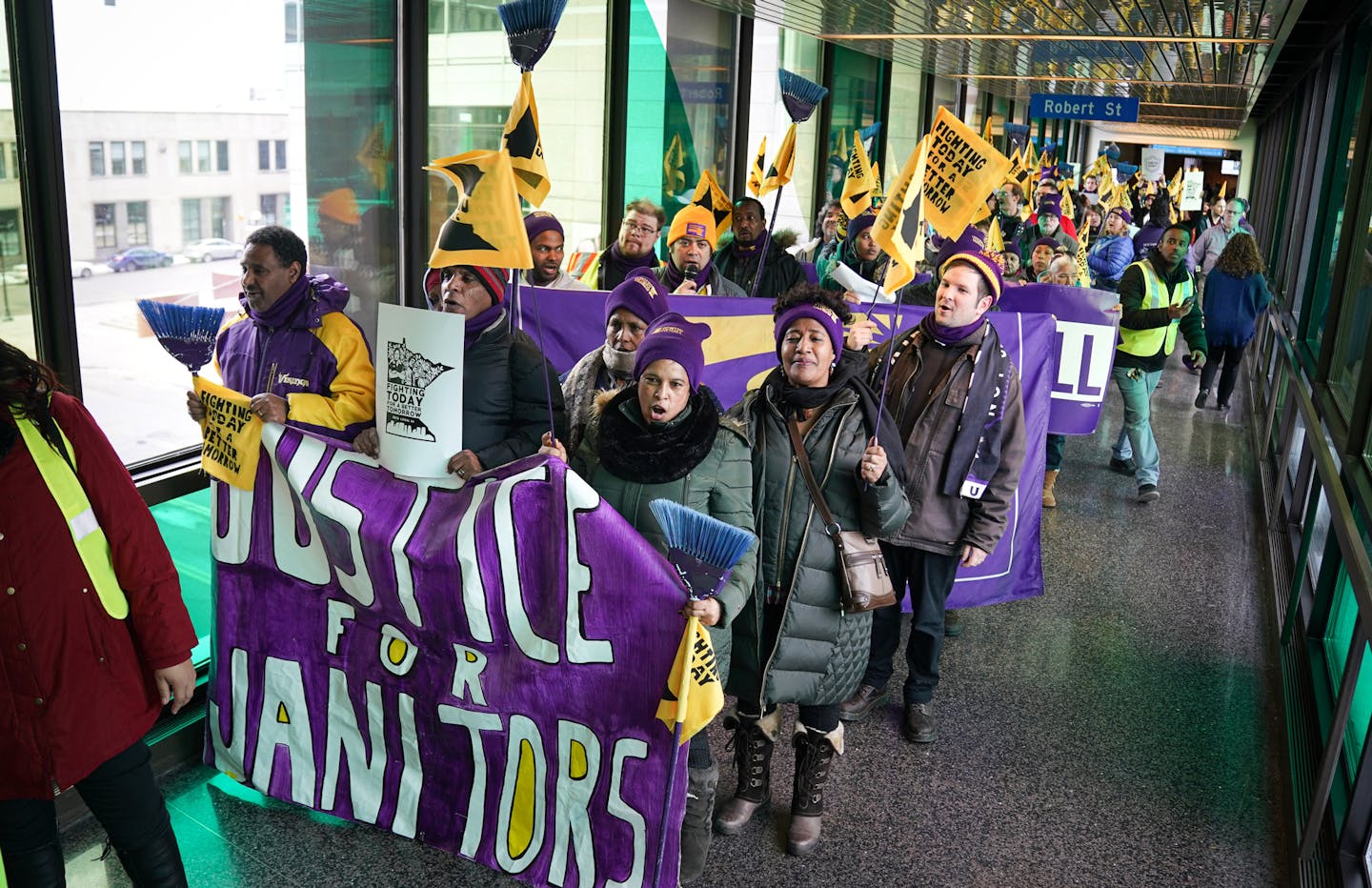 SEIU workers marched through the skyways of St Paul Monday, from Town Square to City Hall. Workers claim they've experienced wage theft and that their employers are not complying with the city's Earned Sick and Safe Time law. ] GLEN STUBBE &#x2022; glen.stubbe@startribune.com Monday, December 16, 2019