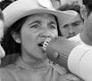 United Farm Workers leader Dolores Huerta organizing marchers on second day of March Coachella in spring of 1969 in Coachella, Calif. (George Ballis/T