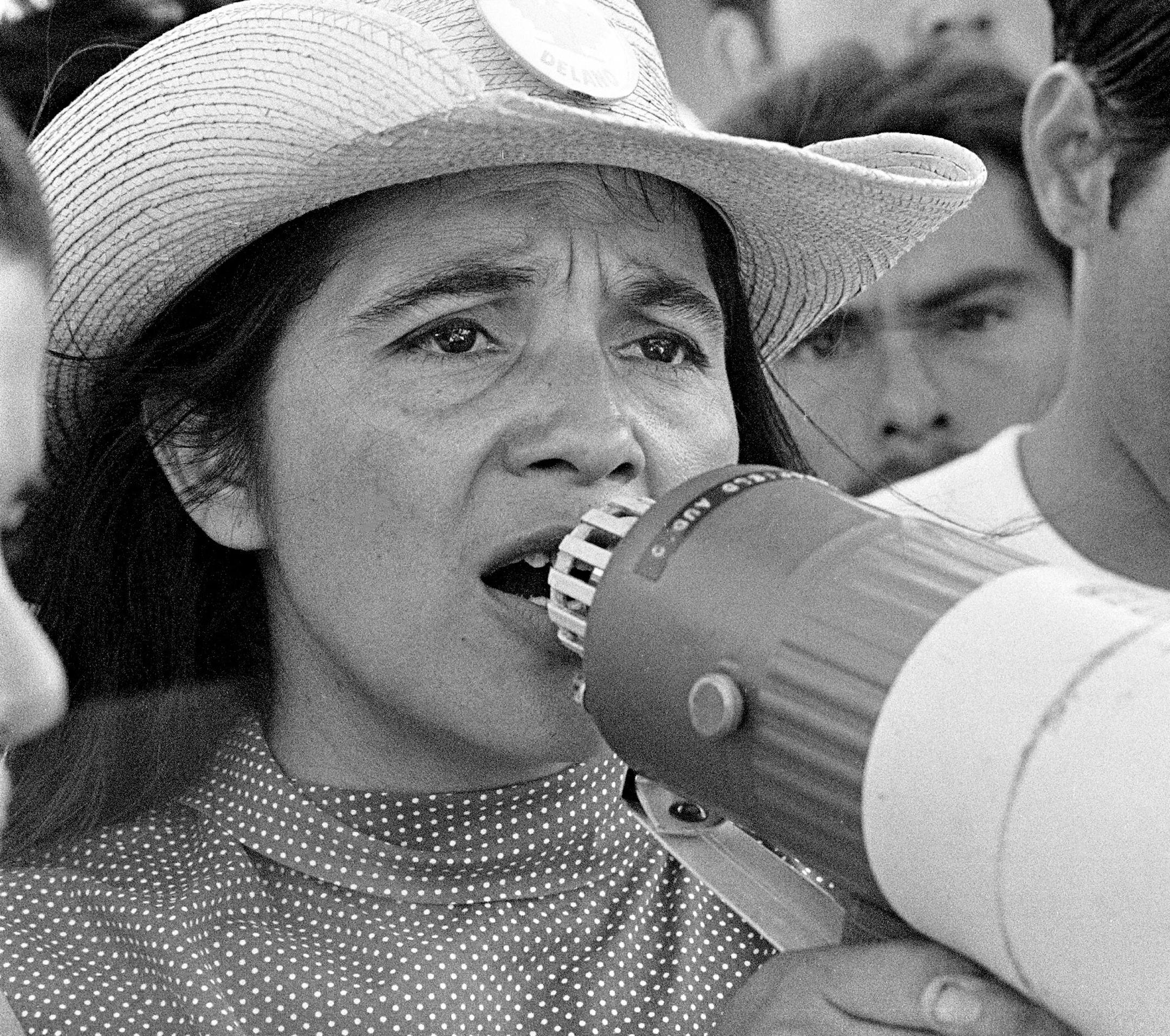 United Farm Workers leader Dolores Huerta organizing marchers on second day of March Coachella in spring of 1969 in Coachella, Calif. (George Ballis/Take Stock/The Image Works) ORG XMIT: 1210595