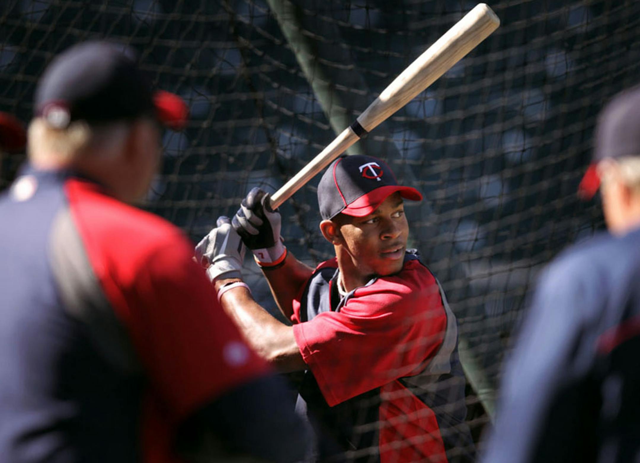 Byron Buxton chatted with manger Ron Gardenhire and hitting coach Joe Vara during batting practice before the game with the Philadelphia Phillies June 12, 2012 in Minneapolis, MN.] (Jerry Holt/ STAR TRIBUNE/