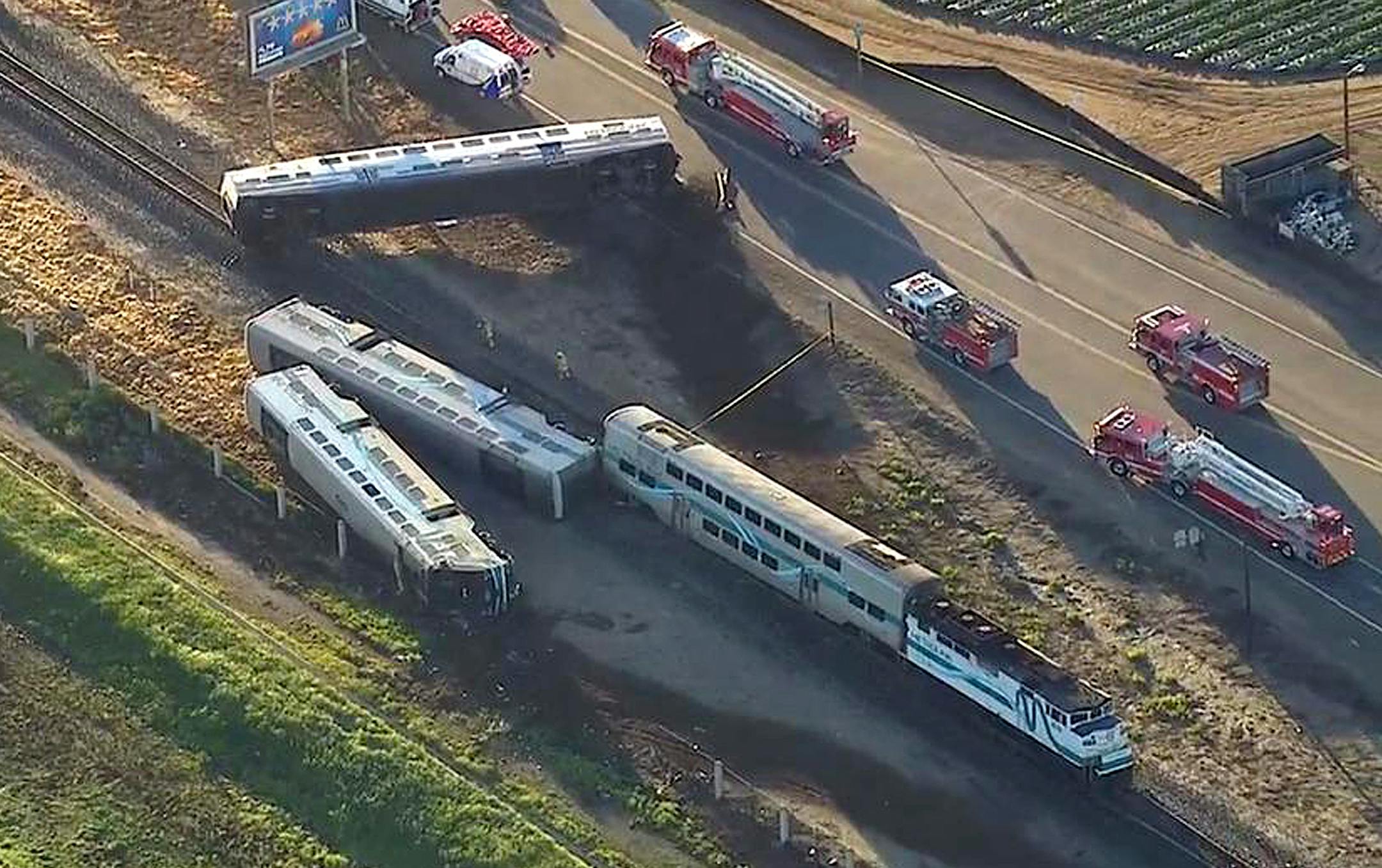 This image from video provided by KABC-TV Los Angeles shows wreckage of a Metrolink commuter train after it crashed into a truck and derailed early on Tuesday, Feb. 24, 2015 in Oxnard, Calif.