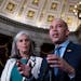 House Minority Leader Hakeem Jeffries, D-N.Y., center, joined at left by Rep. Katherine Clark, D-Mass., the Democratic whip, speaks to reporters about