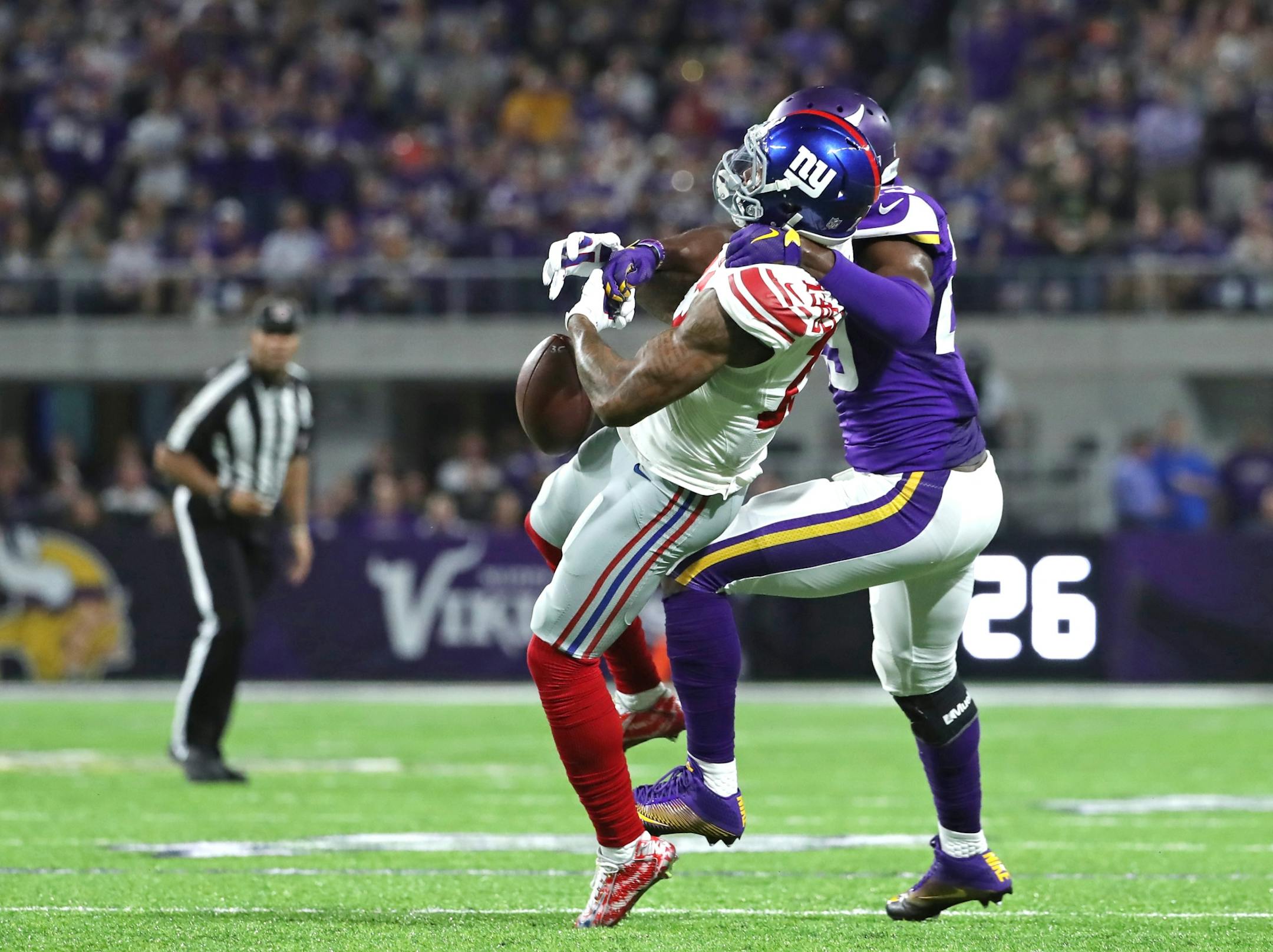 Vikings Xavier Rhodes had Giants reciever Odell Beckham Jr. covered on this play Mondya night.
