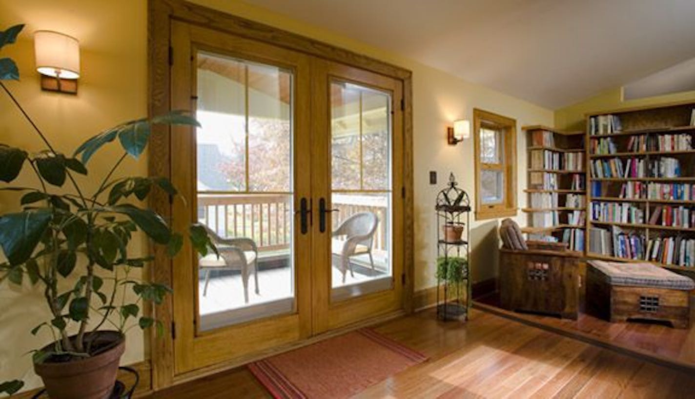 French doors open to a deck.