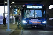 The Orange Line rapid bus arrives at the I-35 and 46th Street station for the morning commute in Minneapolis, Minn., on Friday, April 7, 2023.