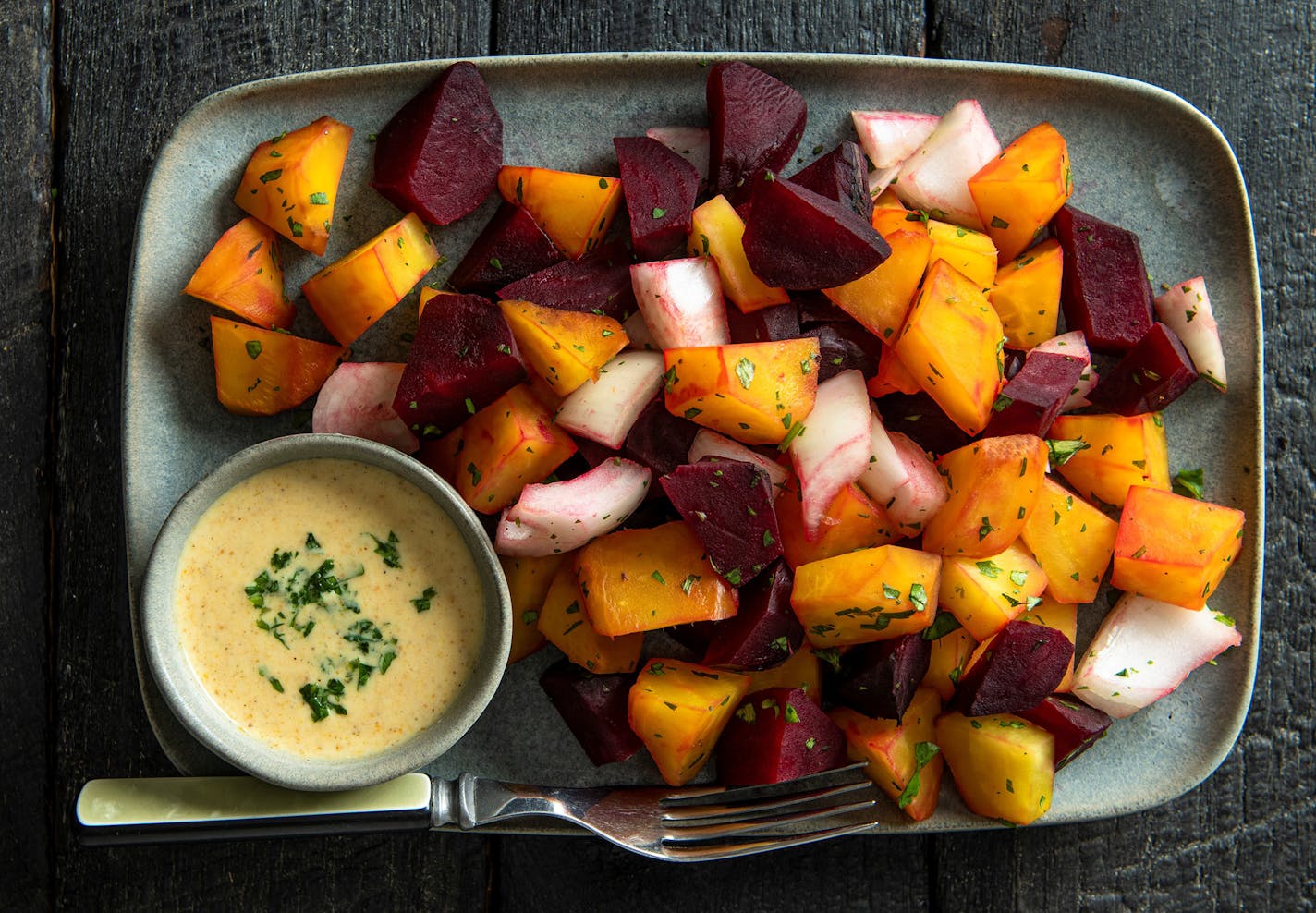 Red and Gold Beet Salad with Curried Yogurt Dressing. Recipe by Beth Dooley, photo by Mette Nielsen, Special to the Star Tribune