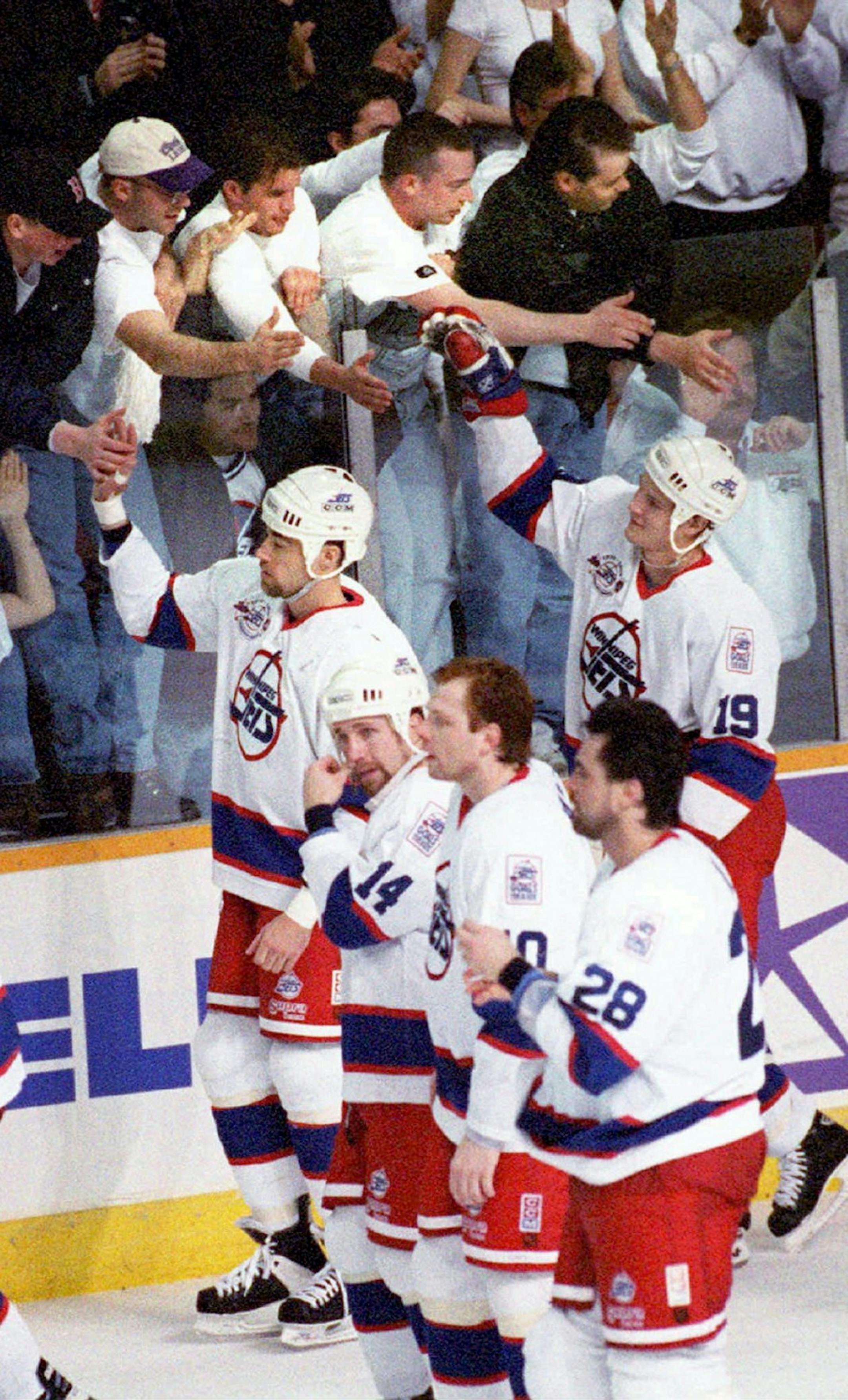The Jets did a last lap around the Winnipeg arena after they played their last hockey game in Winnipeg, Canada on April 28, 1996.