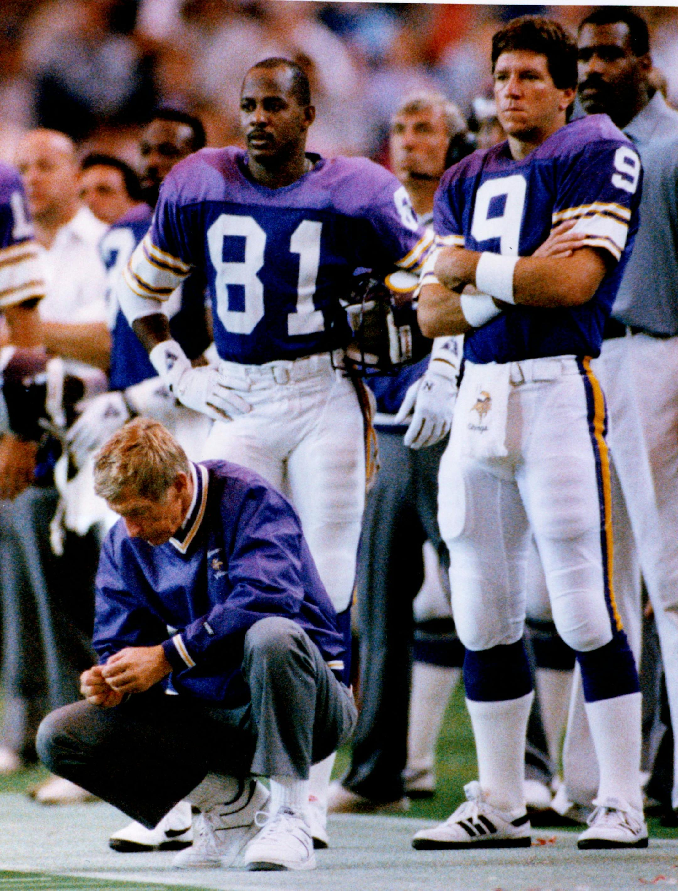 It was a disappointing day for Vikings quarterback Tommy Kramer (9), who was pulled in the second quarter; for wide receiver Anthony Carter, who had only one catch, and coach Jerry Burns, who had to watch it all on Oct. 17, 1988.