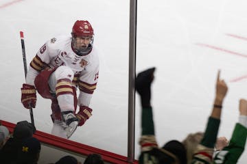 Boston College forward Cutter Gauthier (19) celebrates his goal in the second period. The University of Michigan faced Boston College in an NCAA Froze