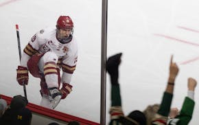 Boston College forward Cutter Gauthier (19) celebrates his goal in the second period. The University of Michigan faced Boston College in an NCAA Froze