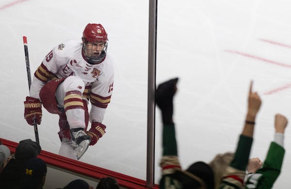 Boston College forward Cutter Gauthier (19) celebrates his goal in the second period. The University of Michigan faced Boston College in an NCAA Froze
