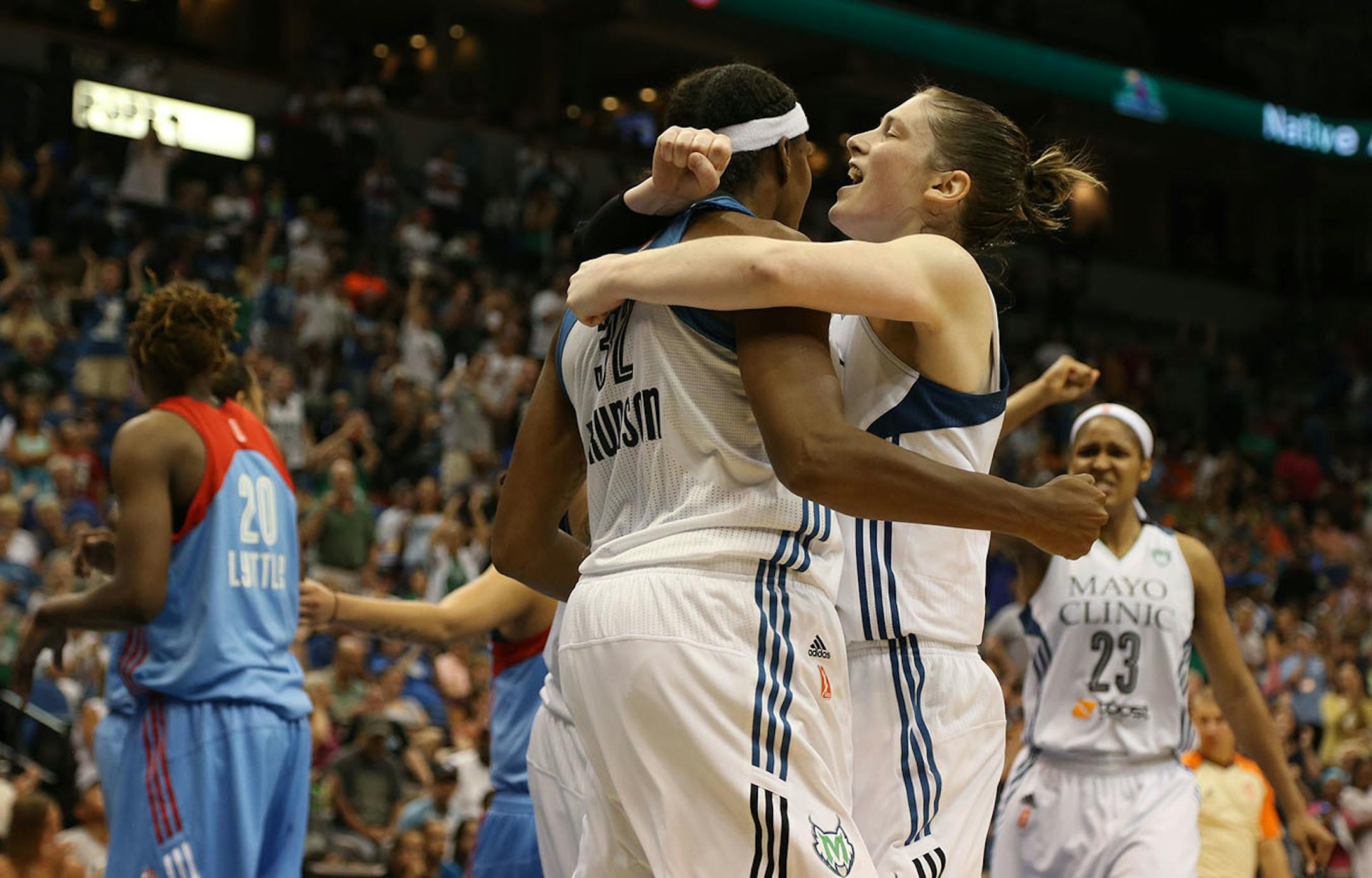 Lynx Lindsay Whalen and Rebekkah Brunson celebrated after Brunson scored during the second overtime against Atlanta in July.