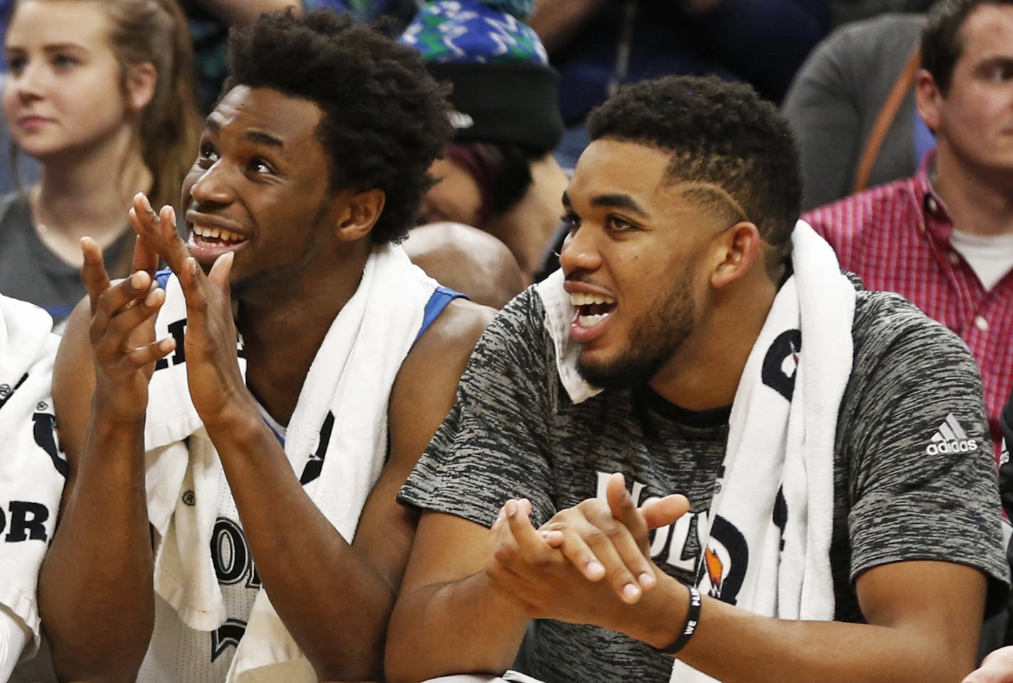 Timberwolves&#x2019; Andrew Wiggins, left, and Karl-Anthony Towns are both on pace to log more than 3,000 minutes this season. They rank third and fifth in the league in average minutes played per game at more than 37.