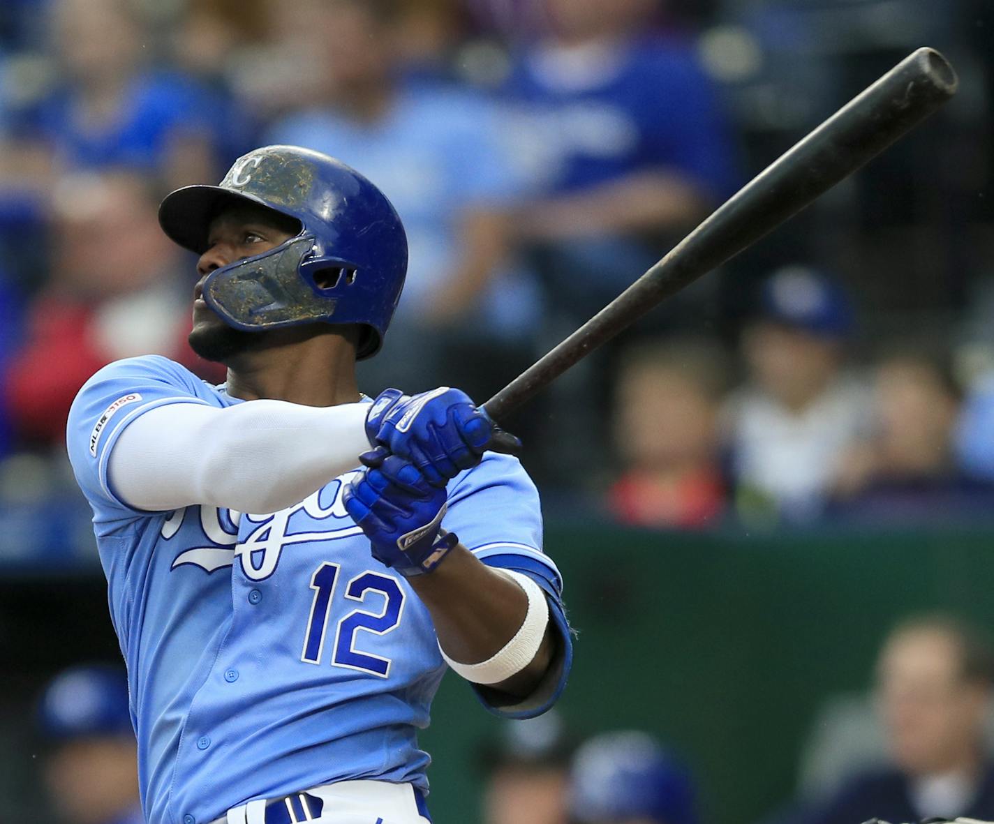 Kansas City Royals designated hitter Jorge Soler hits a two-run home run during the seventh inning of a baseball game against the Minnesota Twins at Kauffman Stadium in Kansas City, Mo., Saturday, Sept. 28, 2019. (AP Photo/Orlin Wagner)