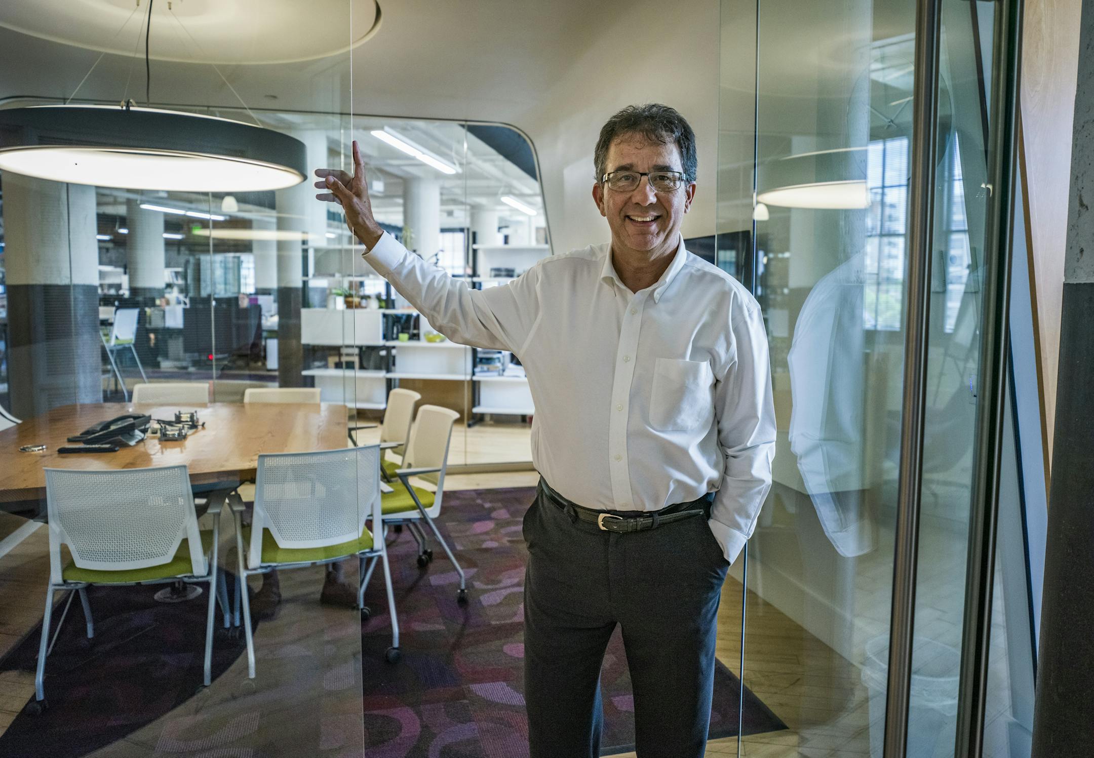 Rick Carter is the new president/CEO of LHB Architects. He stands in front of a pod used for meetings.]RICHARD TSONG-TAATARII ¥ richard.tsong-taatarii@startribune.com