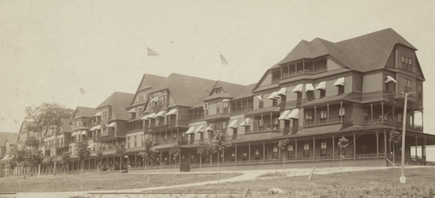 Hotel Lafayette in Minnetonka Beach in1883, via the Minnesota Historical Society. The hotel, the largest on Lake Minnetonka at the time, was built by railroad executive James J. Hill and overlooked Lafayette and Crystal Bays. It attracted celebrities and two presidents before it burned down in 1897. ORG XMIT: Documentation