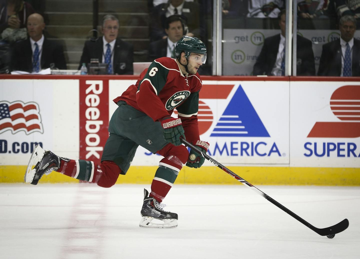 Wild defenseman Marco Scandella skated with the puck in the first period during the Minnesota Wild vs. the Pittsburgh Penguins pre-season NHL game at the Xcel Energy Center on Monday, September 29, 2014 in St. Paul, Minn.