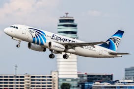 This August 21, 2015 photo shows an EgyptAir Airbus A320 with the registration SU-GCC taking off from Vienna International Airport, Austria. Egyptian 