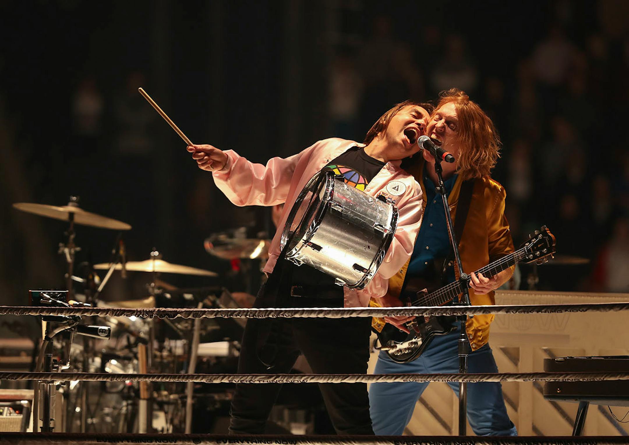 Guitarist Richard Reed Parry with William Butler early in Arcade Fire's set.