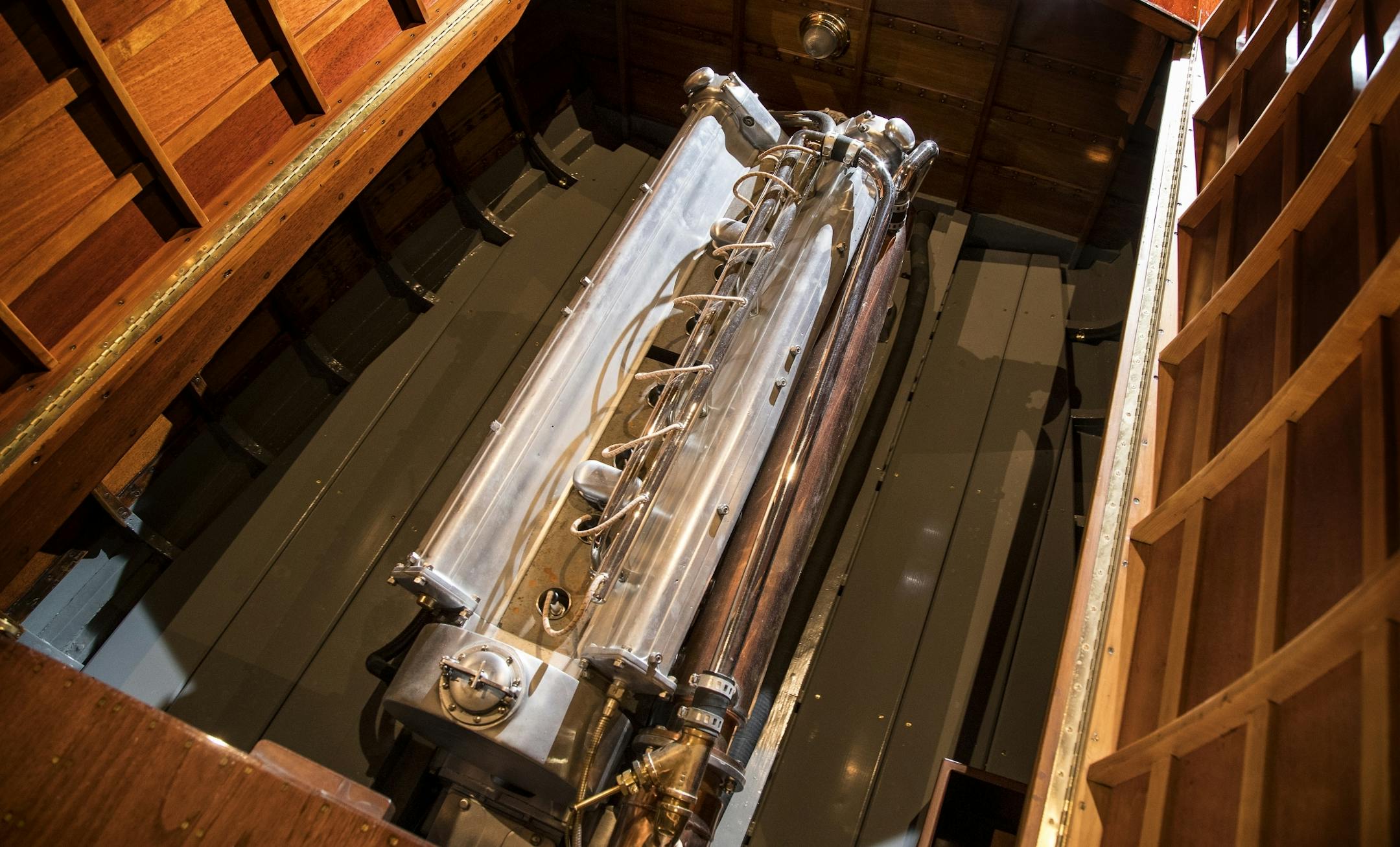 A 1931 Miller Straight Eight Indy racing engine in a 1928 24-foot Purdy Racer Wyndcrest.