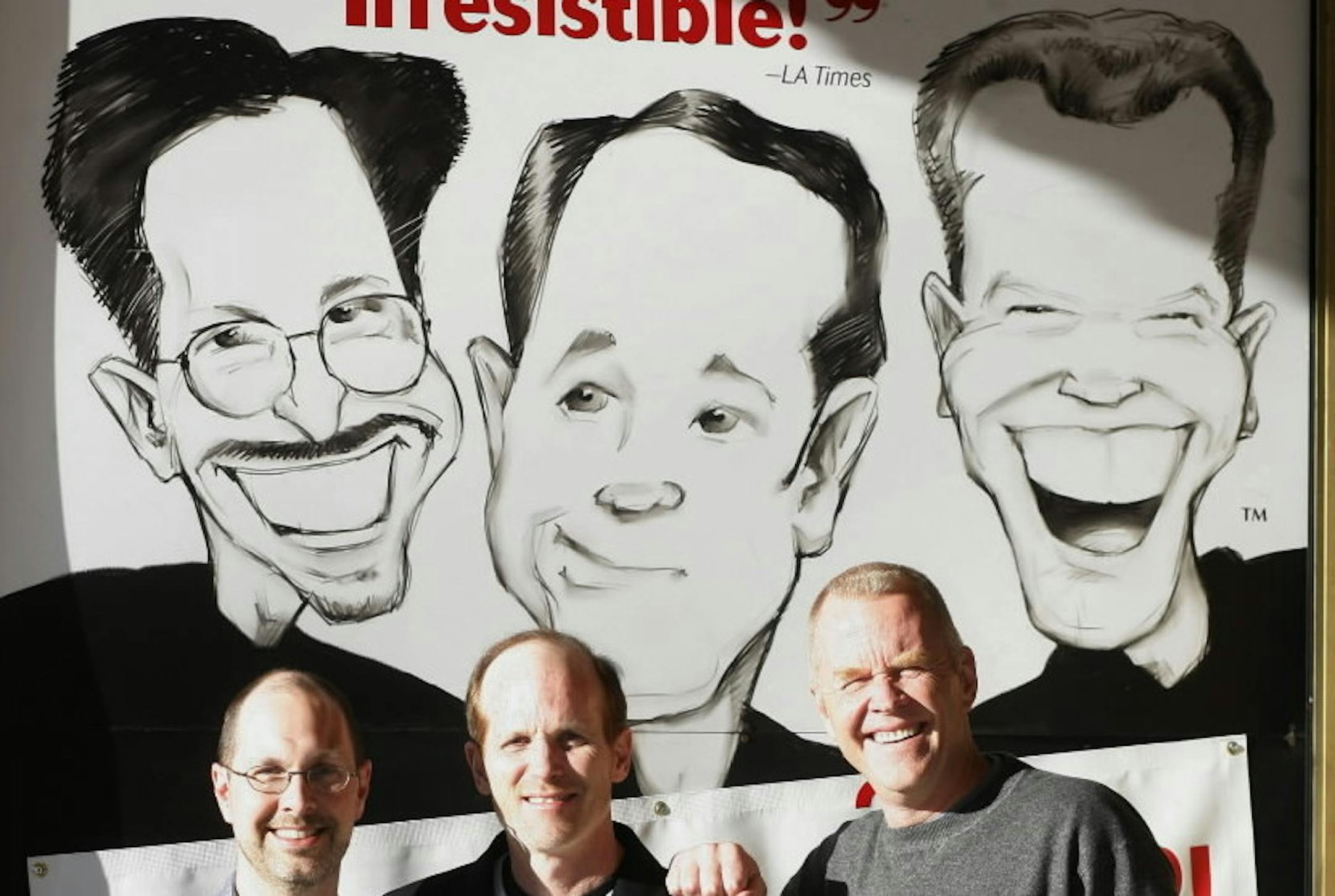 Original cast members of the of the 12 year running " Triple Espresso," Michael Pearce Donley, left, Bill Arnold and Bob Stromberg, right, in front of the theater on Nicollet Ave. in downtown Minneapolis March 27, 2008.