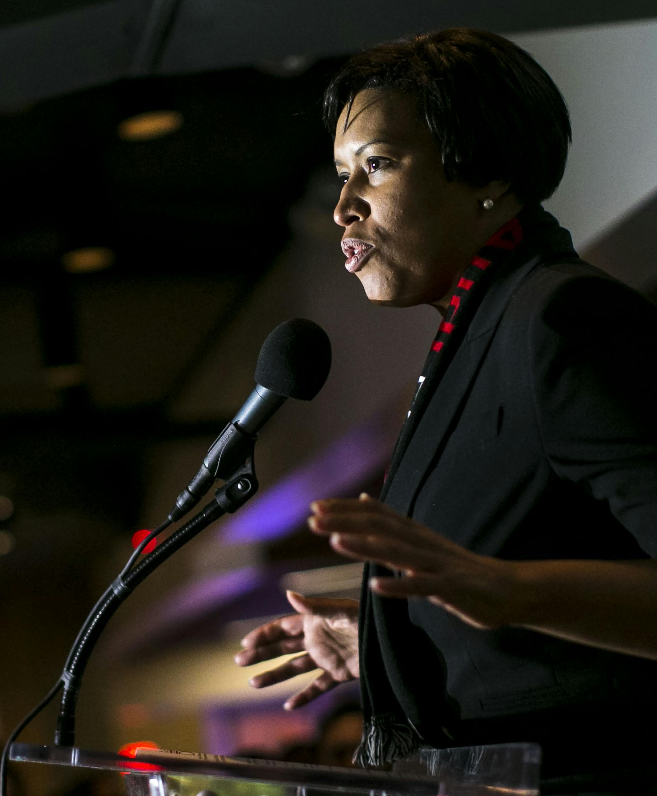 FILE -- Muriel Bowser, the mayor of Washington, D.C., speaks at an event in Georgetown, Feb. 27, 2018. Bowser, in the midst of a campaign for a second term, has adopted an infant girl, making her a rare addition to the thin ranks of single mothers in the political world. (Al Drago/The New York Times)