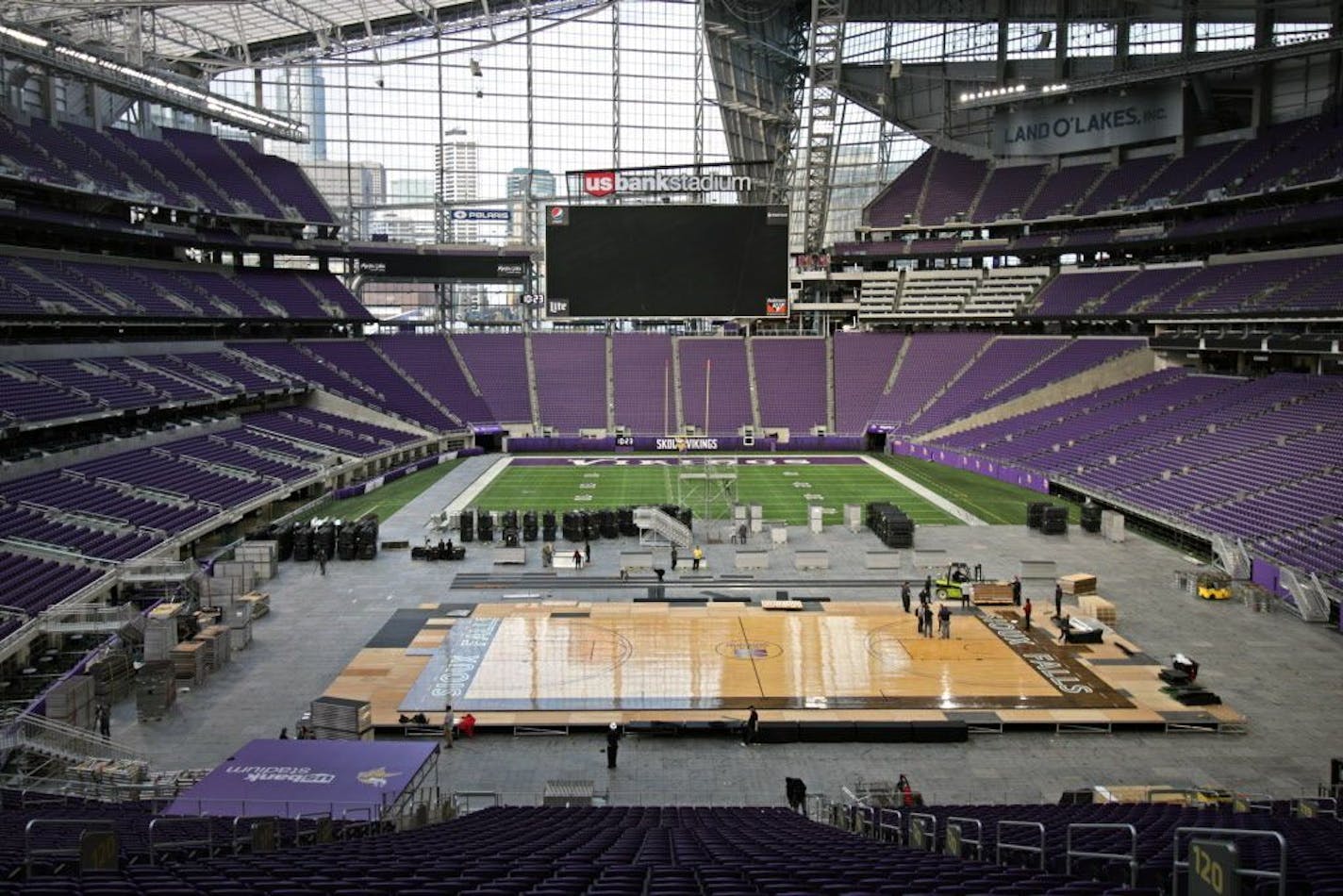 Preparations are underway for the U.S. Bank Stadium Basketball Classic, the venue's first basketball event.