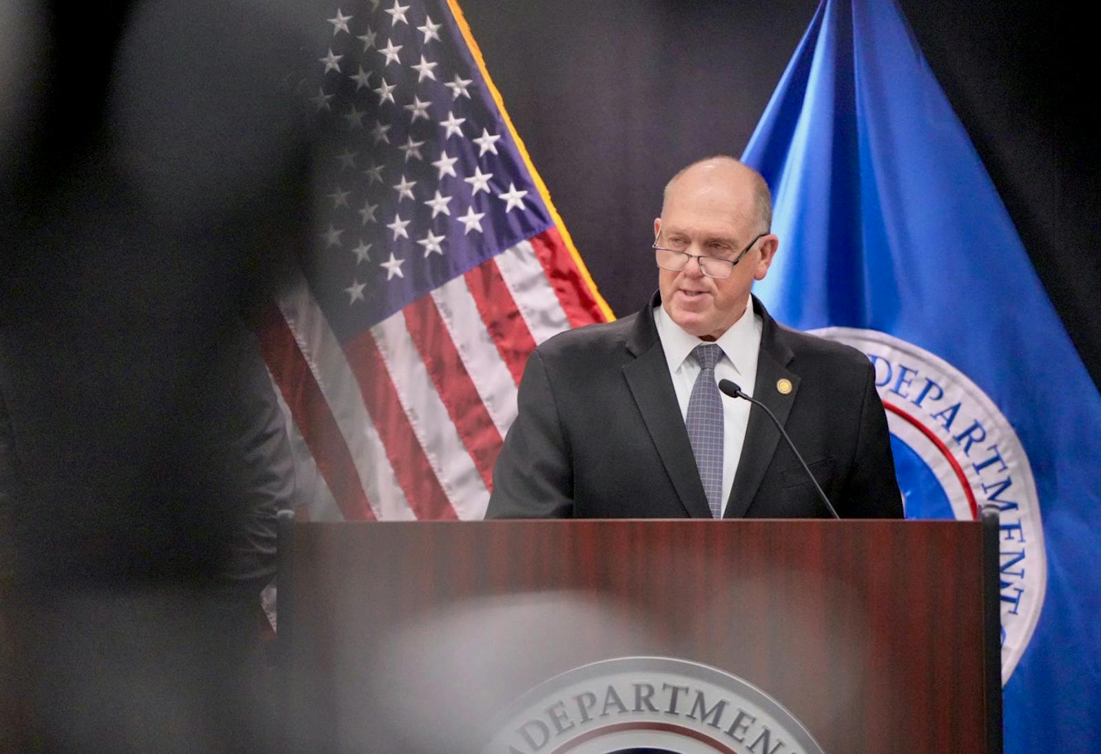 Border czar Tom Homan speaks during a press conference at the Whipple Federal Building at Ft. Snelling on Feb. 12.