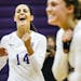 All-America volleyball player Whitney Lloyd celebrated a point with teammates during a game against St. Catherine University.