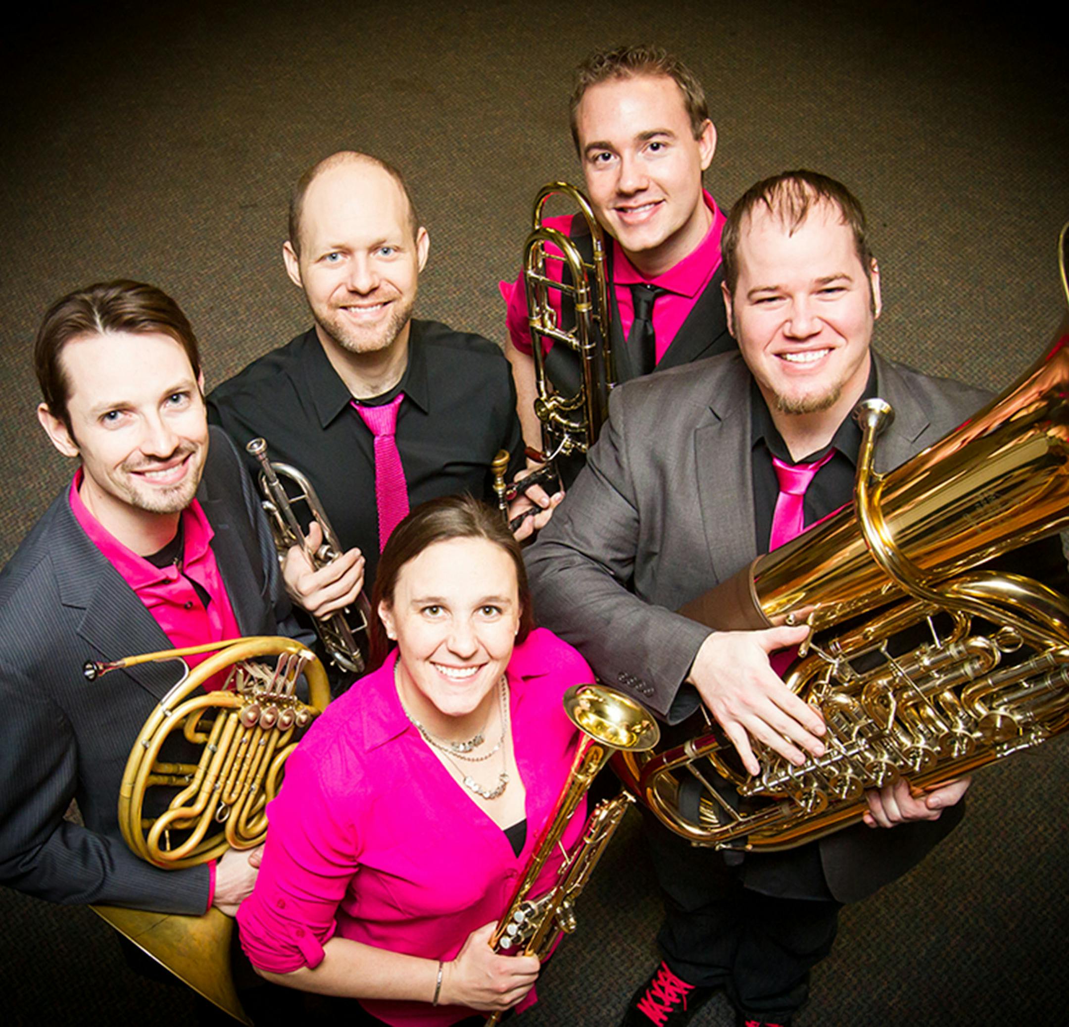 The Copper Street Brass Quintet, from left: Tim Bradley (horn, guitar, keyboard), Corbin Dillon (trumpet, percussion), Allison Hall (trumpet and drums), Alex Wolff (trombone, drums) and Nick Adragna (tuba).