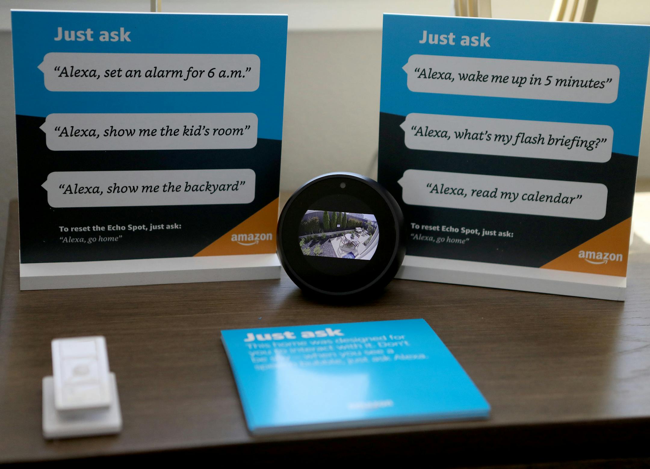 An Amazon Echo Dot displays a video feed of the backyard in a model home on Mare Island in Vallejo, Calif., on Thursday, May 10, 2018. Homebuilder Lennar has teamed up with Amazon to offer homes with Alexa technology included. (Anda Chu/Bay Area News Group/TNS)
