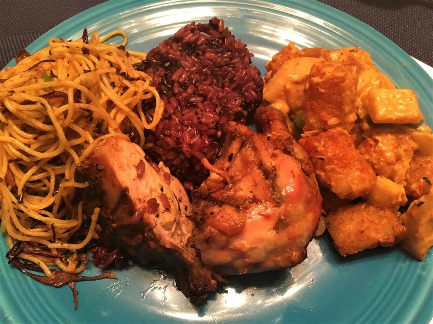 Khao Sen vermicelli salad, Hilltribe Chicken with purple sticky rice and MN Hmong Hotdish from Union Kitchen, a Hmong food trailer at Sociable Cider Werks.