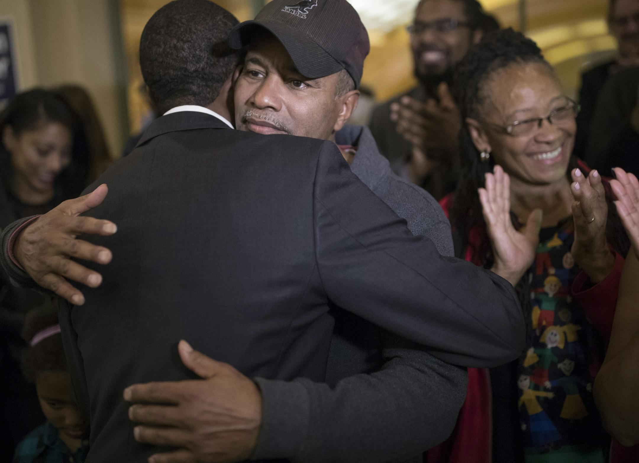 St. Paul mayoral candidate Melvin Carter celebrated with his win with his father Melvin Carter II, and his mother Ramsey county commissioner Toni Carter at the Union Depot Tuesday November 7,2017 in St. Paul, MN.