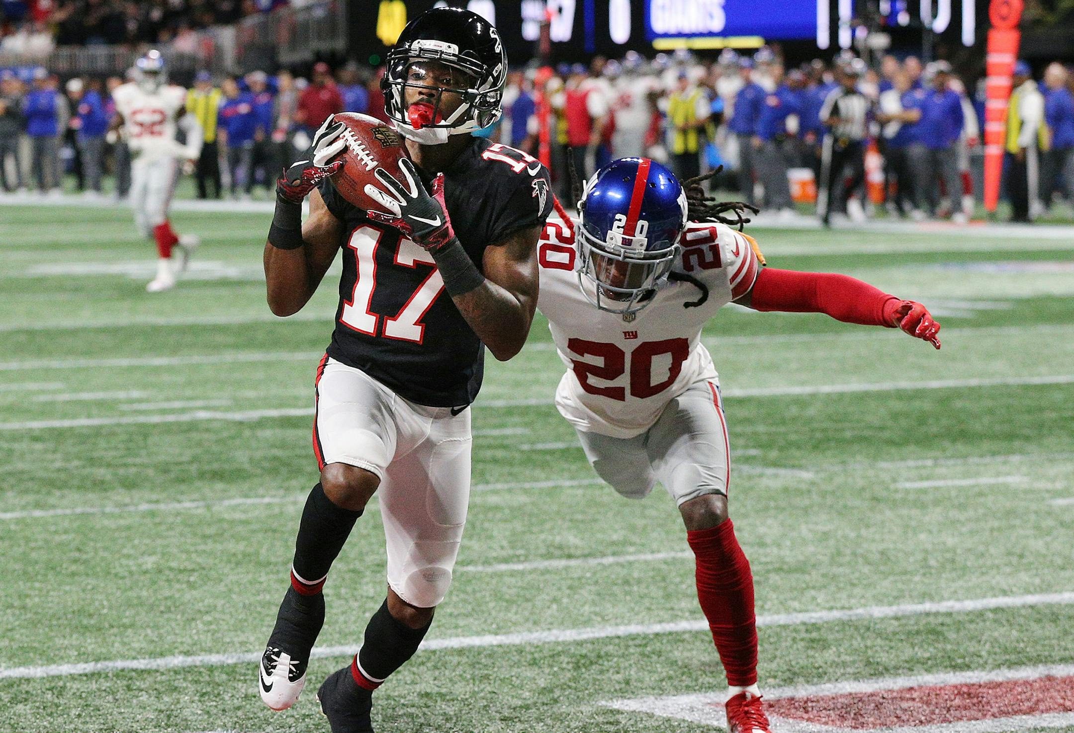 Atlanta Falcons wide receiver Marvin Hall catches a touchdown pass past New York Giants cornerback Janoris Jenkins for a 7-0 lead during the second quarter in a NFL football game on Monday, Oct 22, 2018, in Atlanta. (Curtis Compton/Atlanta Journal-Constitution/TNS)