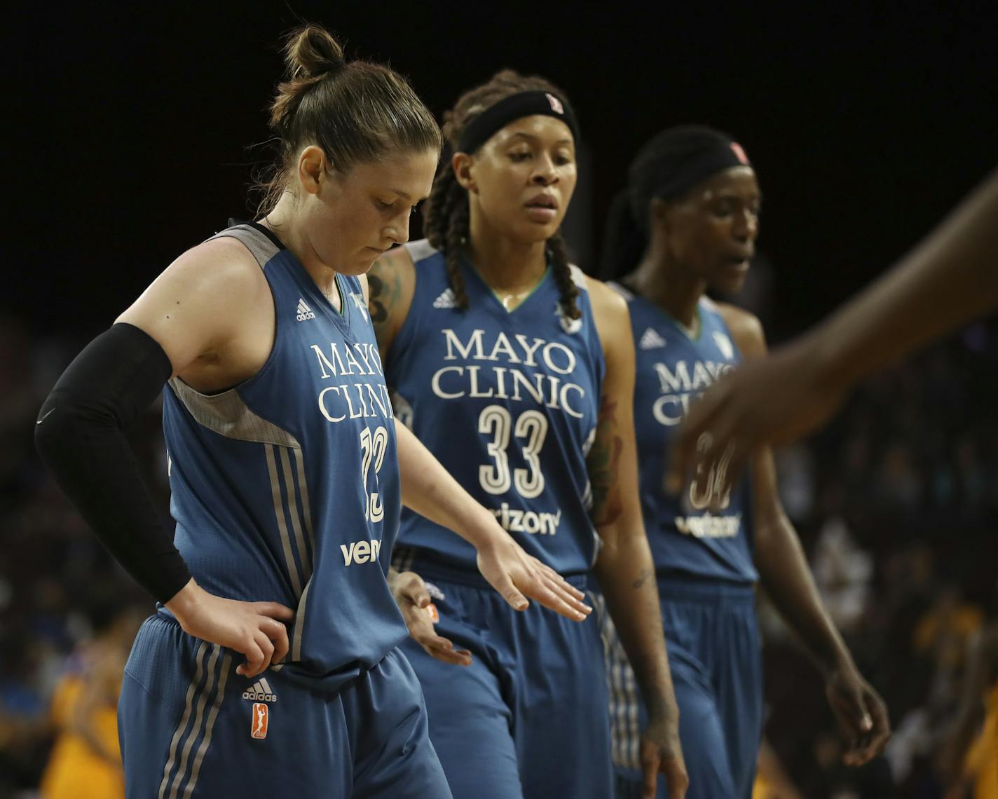 Minnesota Lynx guards Lindsay Whalen (13), Seimone Augustus (33) and center Sylvia Fowles (34) went to bench for a time out trailing the Sparks by a wide margin in the fourth quarter. ] JEFF WHEELER &#xef; jeff.wheeler@startribune.com The Minnesota Lynx lost to the Los Angeles Sparks 92-75 in Game 3 of their WNBA Finals series Friday night, October 14, 2016 at the Galen Center in Los Angeles.