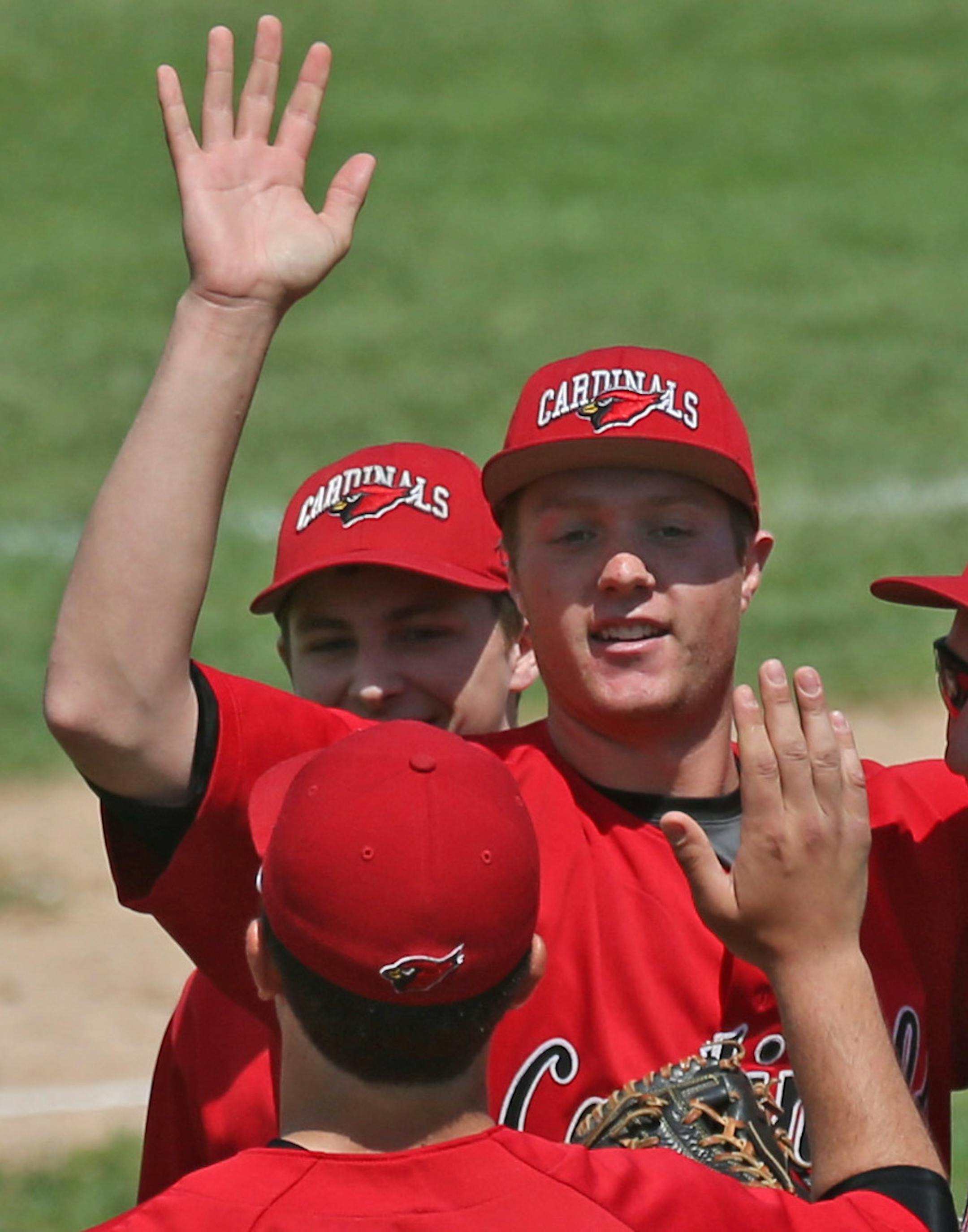 Boys Baseball Tournament, Midway Stadium, St. Paul, 6/13/13. Coon Rapids vs. Wayzata. (center) Coon Rapids pitcher Logan Shore celebrated his no hitter at the end of the game against Wayzata.] Bruce Bisping/Star Tribune bbisping@startribune.com Logan Shore/roster. ORG XMIT: MIN1306131521296669