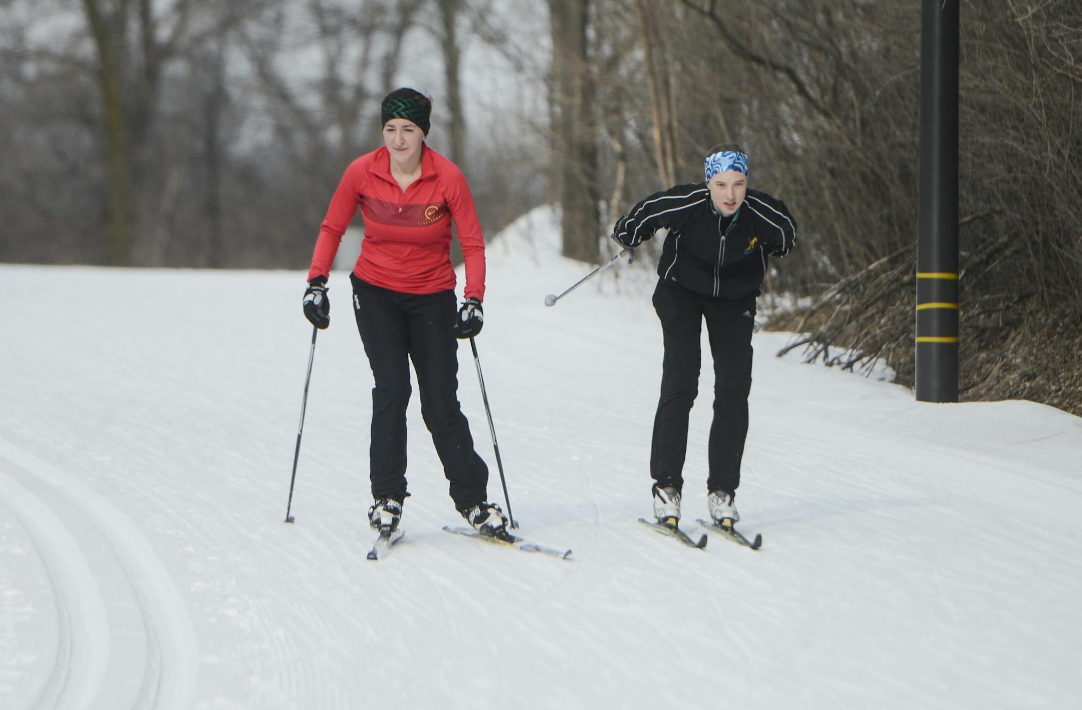 Wayzata High School senior and Nordic skier Anna French practices with teammate Abby Silbaugh at Hyland Park in Bloomington, Minn. on Saturday Jan. 7, 2015 ] BRIDGET BENNETT • Special to the Star Tribune bridget.bennett@startribune.com French is also a cross country runner. French has competed in numerous state championship teams, but yet to win an individual title. Saturday Jan. 7, 2015