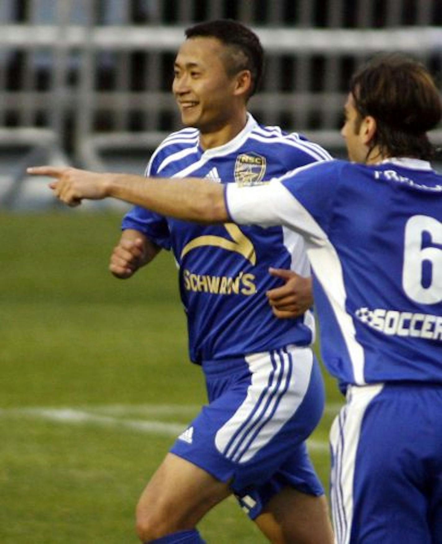 NSC's Leilei Gao was all smiles after he scored the first goal in NSC franchise history in first half action.