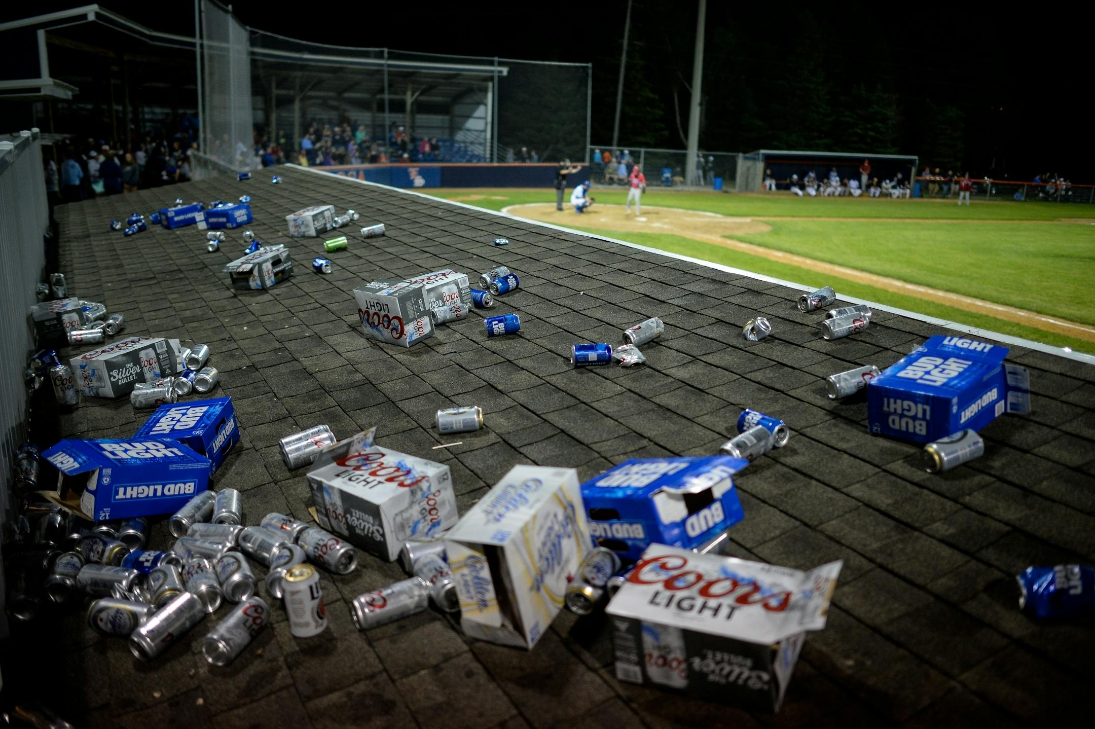 Empty beer cans and 12-packs were a part of the landscape at Friday night's all-star game between the Stearns County League and County Line League on June 30, 2017. Beer-drinking fans have made a game out of tossing their beers onto the dugout, with contestants trying to toss their beer as close to the edge of the dugout as possible, with many going over near the field of play.