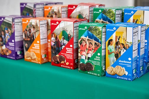 An array of Girl Scout cookie boxes lined up on a table.