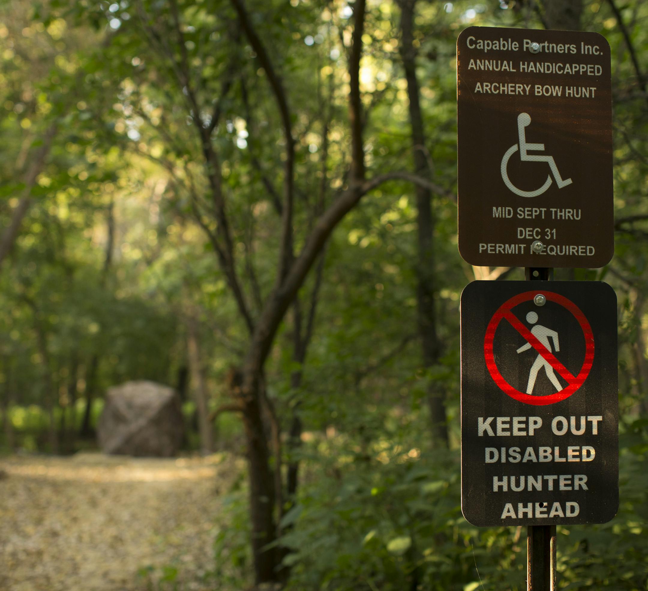 Capable Partners has been helping disabled people hunt and fish for years. Dave Guzzi and an able-bodied friend, Jayme Welsh, hunted deer Thursday evening, September 26, 2013 in a new blind area within the Minnesota Valley National Wildlife Refuge in Bloomington. Dave Guzzi's blind was on the new platform at the end of a short gravel trail off a road in the Minnesota Valley National Wildlife Refuge in Bloomington. ] JEFF WHEELER ‚Ä¢ jeff.wheeler@startribune.com