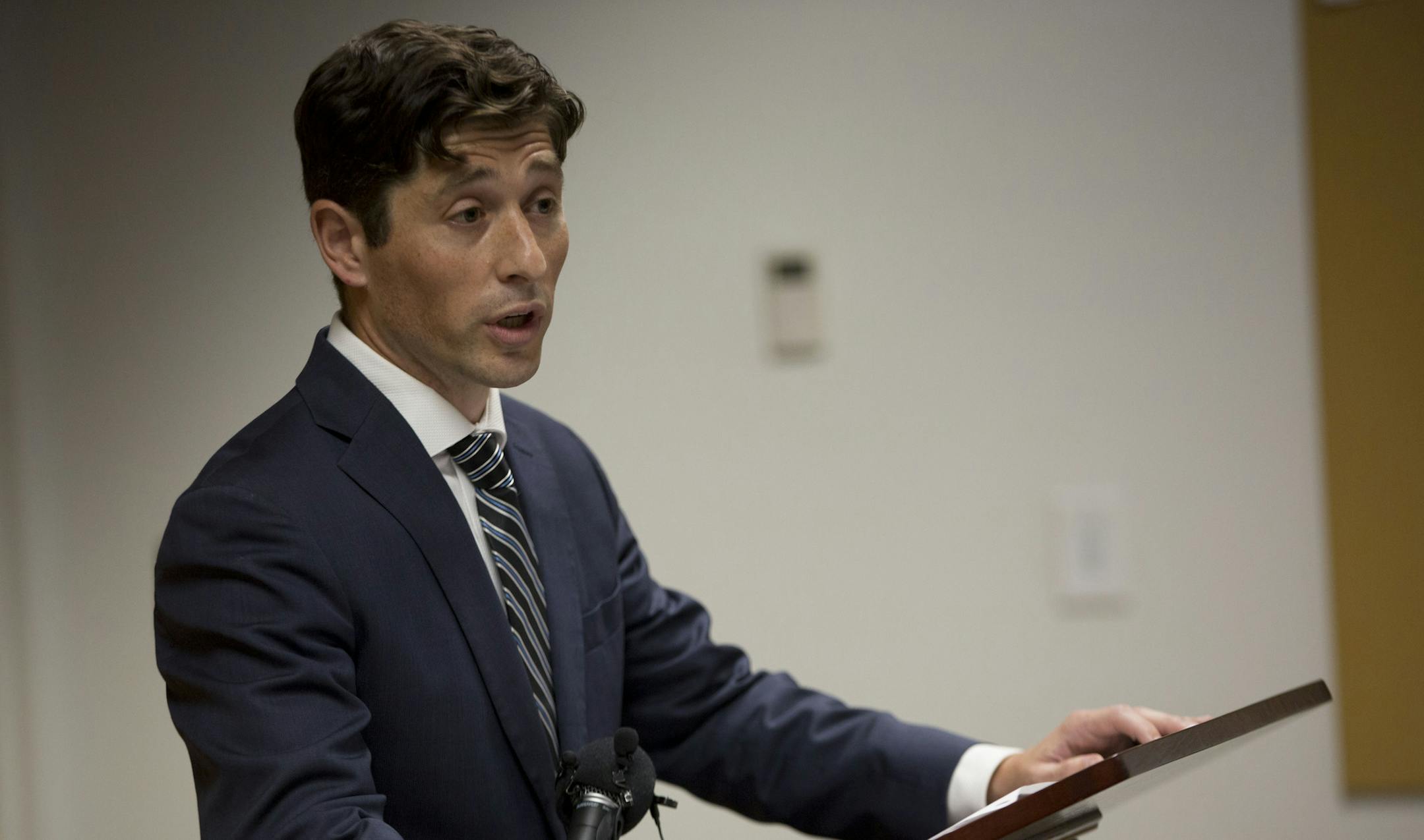 Mayor Jacob Frey answers questions from the media regarding the release of the body camera footage.. ] ALEX KORMANN • alex.kormann@startribune.com 36 days after the shooting of Thurman Blevins in a North Minneapolis neighborhood, the city of Minneapolis released the body camera footage of the officers involved in the shooing. Mayor Jacob Frey held a press conference at the public works building on Currie Ave on Sunday night , July 29, 2018 to address questions. He would not comment on the