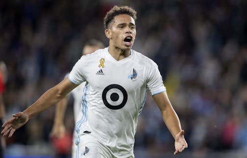 Hassani Dotson (31) of Minnesota United celebrated after scoring what was to be the game winning goal.