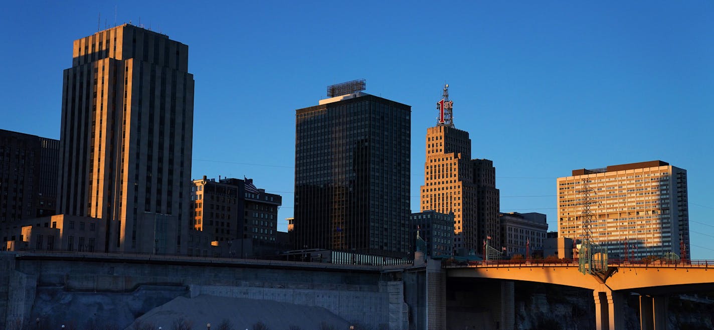 The setting sun illuminated the St. Paul skyline, with city hall on the left, as seen from Harriet Island Park. ] ANTHONY SOUFFLE &#x2022; anthony.souffle@startribune.com The setting sun illuminated the city skyline Saturday, Oct. 20, 2018 at Harriet Island in St. Paul, Minn. Park More than 160 years after St. Paul cropped up along the Mississippi River, city officials want to reconnect the capital city with the riverfront. Part of that work involves rethinking the center of downtown -- the slee