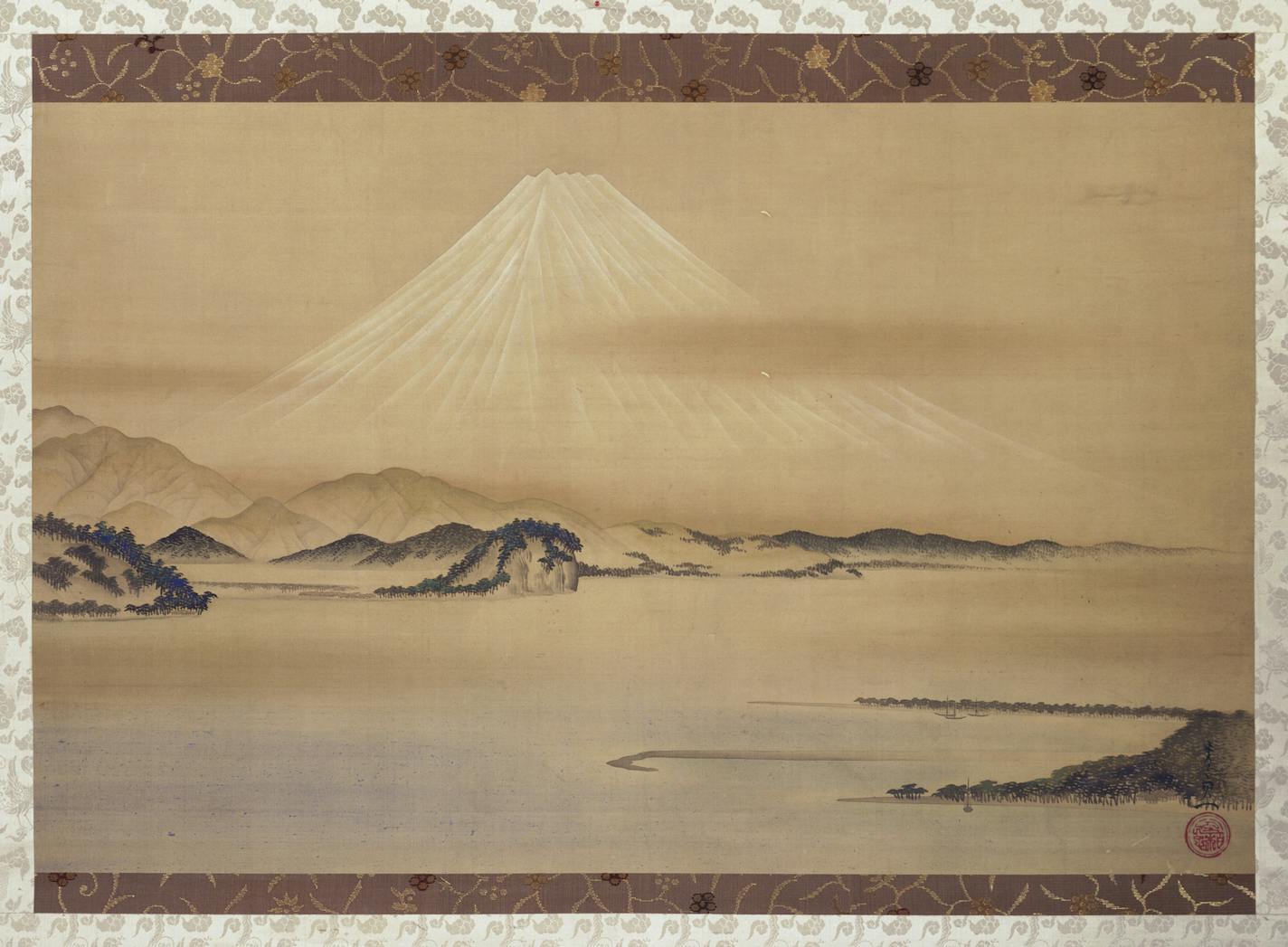 Painted by Suzuki Klitsu in the early 1800s, this delicate view of &#x201c;Mt. Fuji from Miho-no-matsubara&#x201d; treats an iconic subject with minimalist elegance.