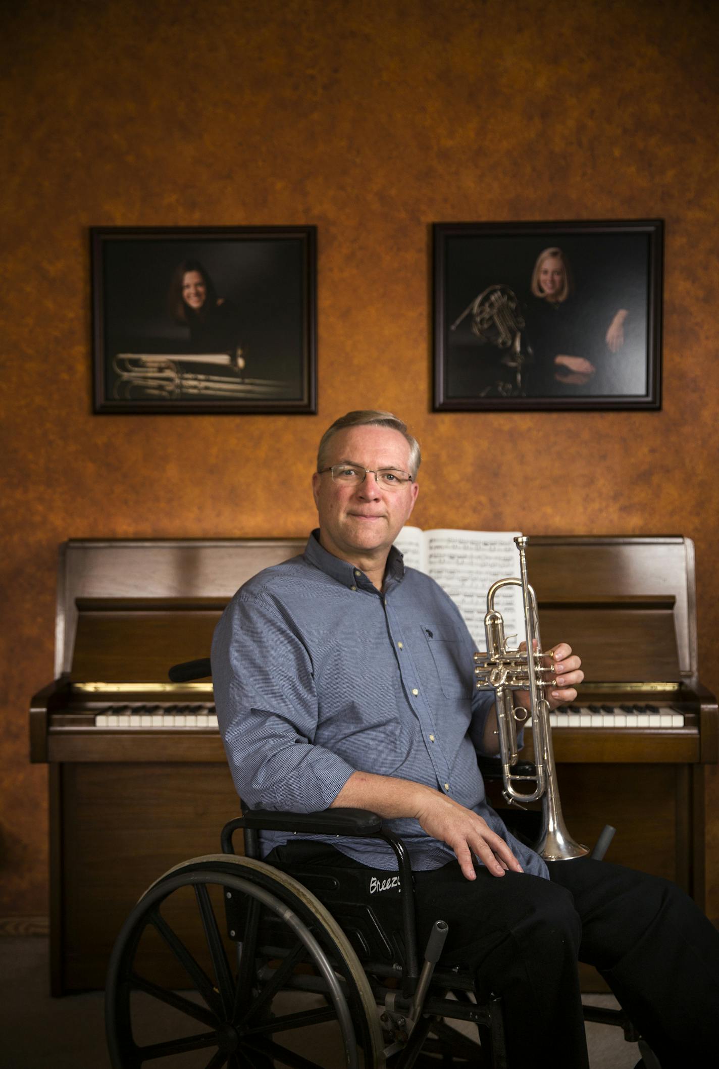 Bill Webb poses with his trumpet inside his home in Edina on Tuesday, October 20, 2015. ] (LEILA NAVIDI/STAR TRIBUNE) leila.navidi@startribune.com BACKGROUND INFORMATION: Longtime Edina High School band director Bill Webb had a sinus infection last winter and was prescribed two drugs by his doctor to make him feel better. Instead, the drugs produced a dangerous reaction that put Webb in a wheelchair, unable to walk, teach, conduct or play the trumpet.