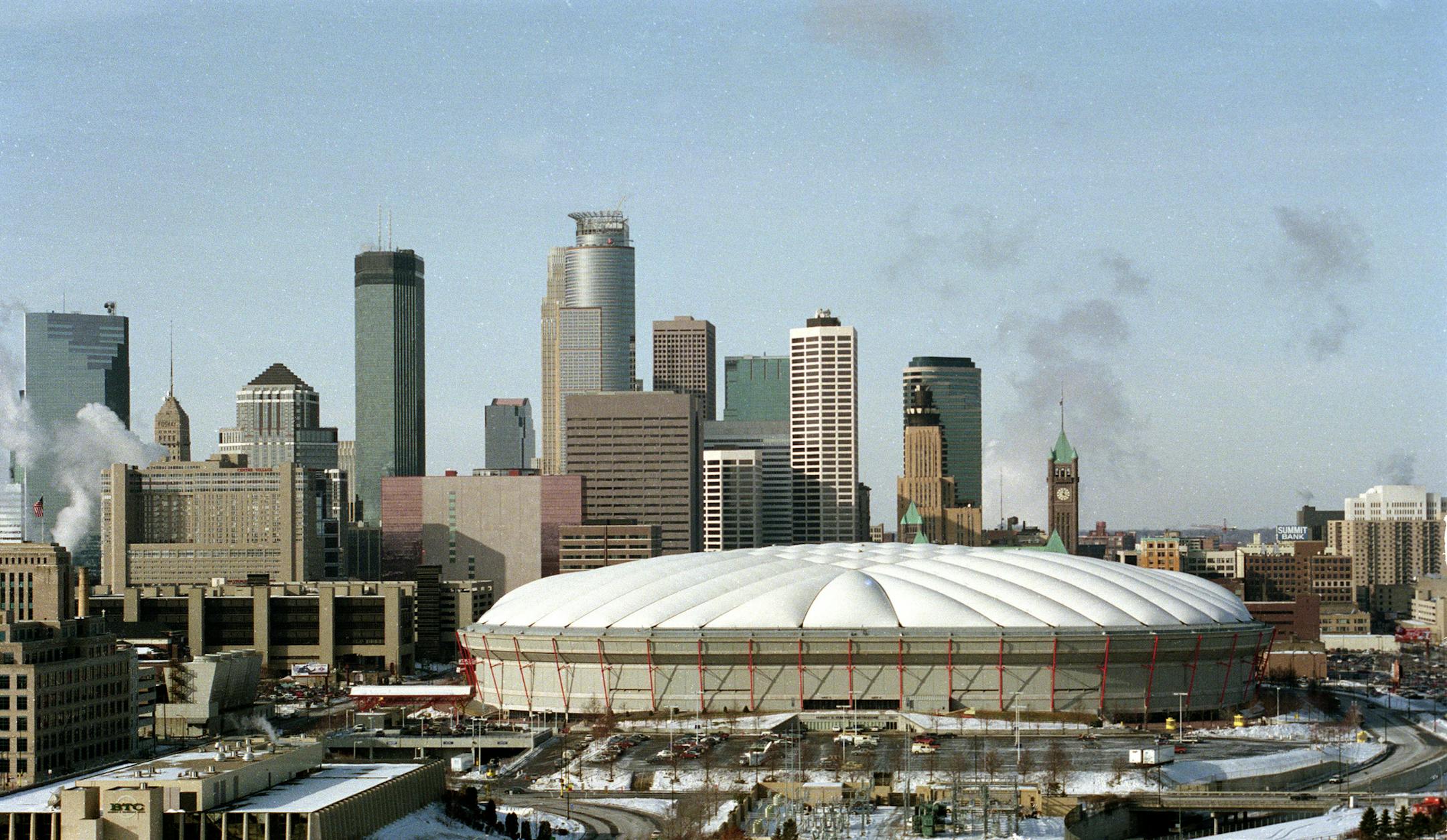 The Hubert H. Humphrey Metrodome, featuring an air-supported dome, in Minneapolis, Minn., is shown in Jan. 1992. The stadium is home to the Minnesota Twins baseball team of the American League and the Minnesota Vikings of the National Football League. (AP Photo/Larry Salzman) ORG XMIT: APHS111