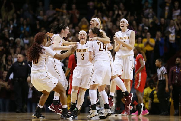 The Gophers celebrate their overtime win against Ohio State.