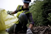 Mollie Thiet continues stuffing her trash bag with styrofoam remains along the Mississippi River during her volunteer time with the Minnesota Departme
