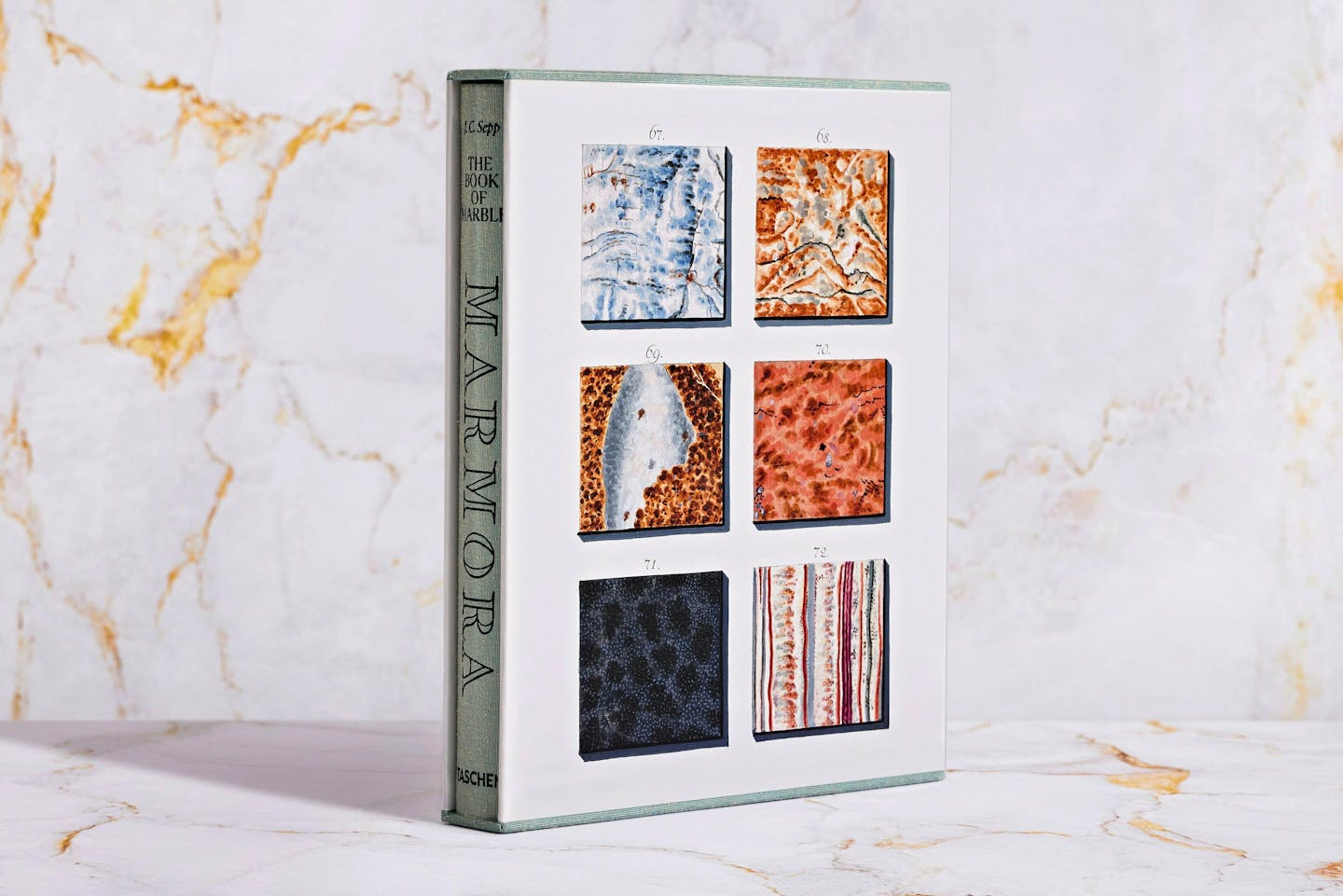 "The Book of Marble" from Taschen, a facsimile of an 18th-century work. Its hand-tinted engravings depict about 570 samples of marble. (Handout via The New York Times) — NO SALES; FOR EDITORIAL USE ONLY WITH DESIGN ARCHITECT by EVE M. KAHN of AUG. 31, 2023. ALL OTHER USE PROHIBITED. —